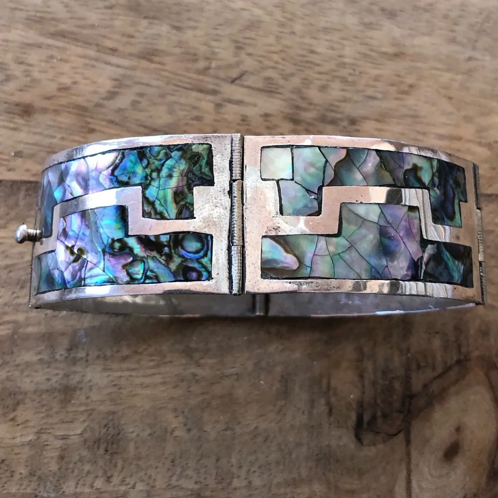 925 sterling silver & abalone gorgeous hinged link bracelet made in Mexico - Picture 2 of 16